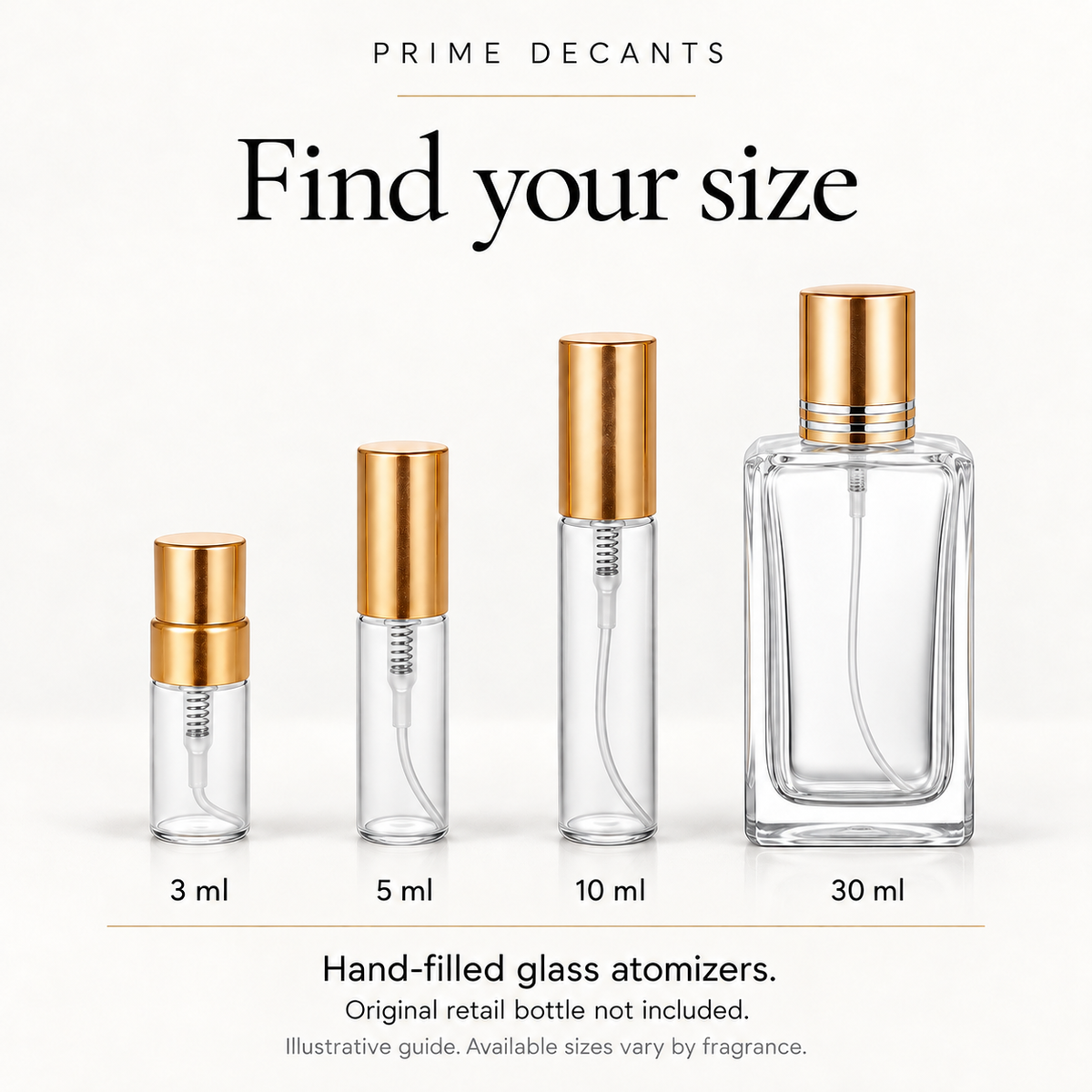 Prime Decants bottle size guide showing 3 ml, 5 ml, 10 ml and 30 ml glass atomizers; original retail bottle not included.